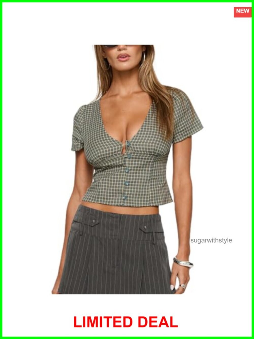 Women Plaid Crop Top Short Sleeve V Neck Button Down Gingham Blouse